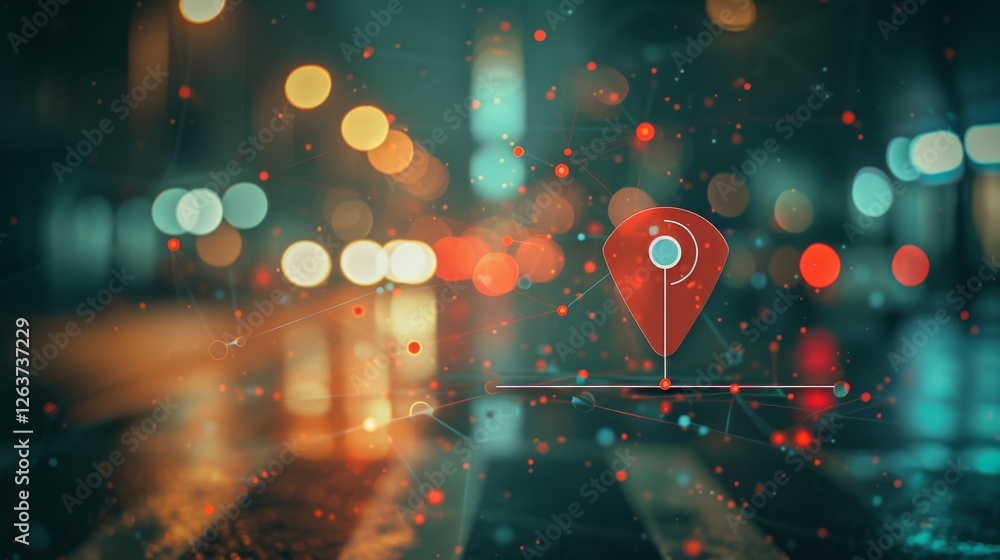 Poster abstract visualization of a digital network, featuring a glowing red location pin and interconnected