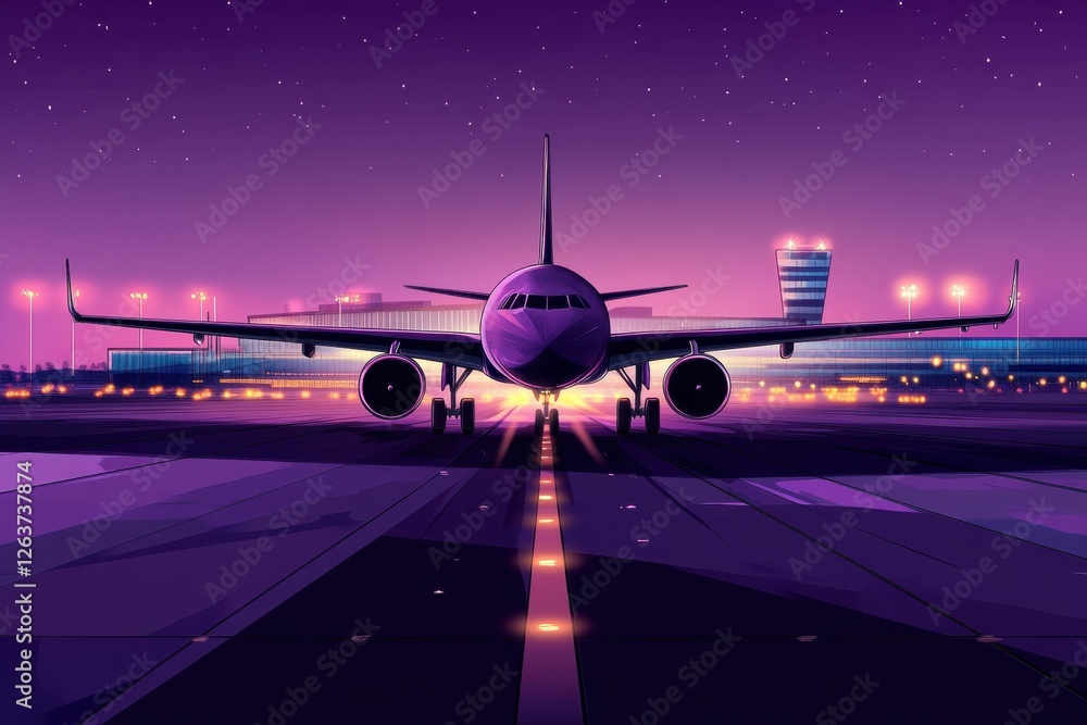 Aufkleber Airplane prepares for takeoff at a vibrant airport during twilight hours with glowing lights. Generative AI