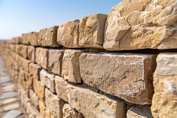 Close-up of a rustic stone wall crafted from large, textured blocks under a clear blue sky.