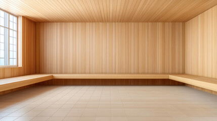 Fototapeta premium Serene and Minimalist Interior of a Wooden Sauna with Light-Toned Walls and Benches Perfect for Relaxation and Wellness Treatments