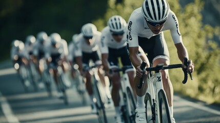 A team of  cyclists working together, drafting on a long road race, with their bikes, helmets, and the road ahead all clearly visible.