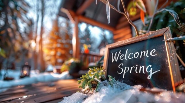 Charming spring welcome sign on sunlit porch with melting snow and greenery accents - Powered by Adobe
