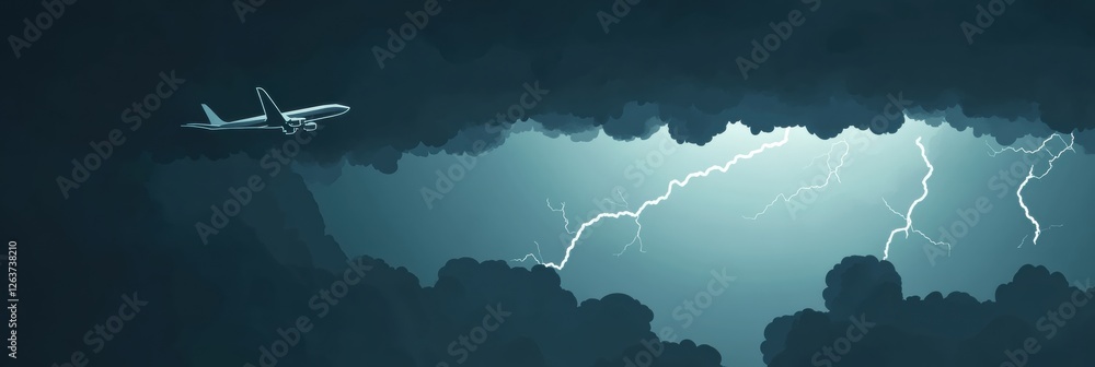 Poster airplane navigating through dark storm clouds with bright lightning illuminating the sky at dusk. ge
