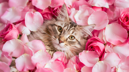 Adorable tabby cat lying in pink rose petals