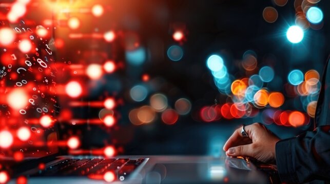 Digital data flow with caucasian male using laptop in cityscape at night