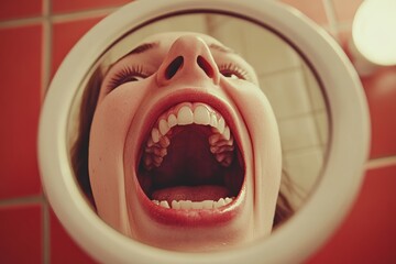 With a beard on, the man creates a funny face in the bathroom mirror, infusing his hygiene routine with humor