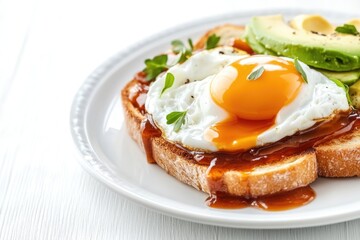 Delicious breakfast with poached egg on toast and sliced avocado