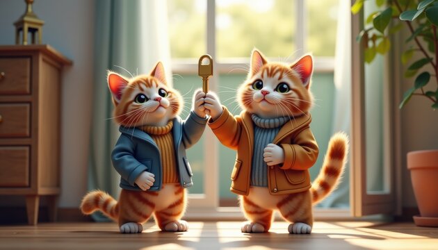  Photorealistic cute cats in casual outfits holding apartment keys at entrance