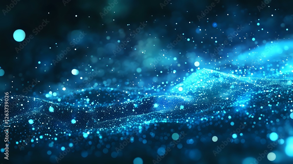 Poster glowing blue particles flow in waves against dark background creating magical atmosphere with bokeh 