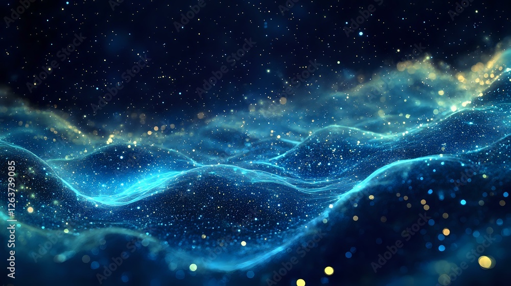 Poster mystical flowing waves of blue light dance across starry night sky, creating ethereal aurora-like pa