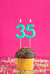 Birthday card with cupcake and number 35 candle - Pink background.