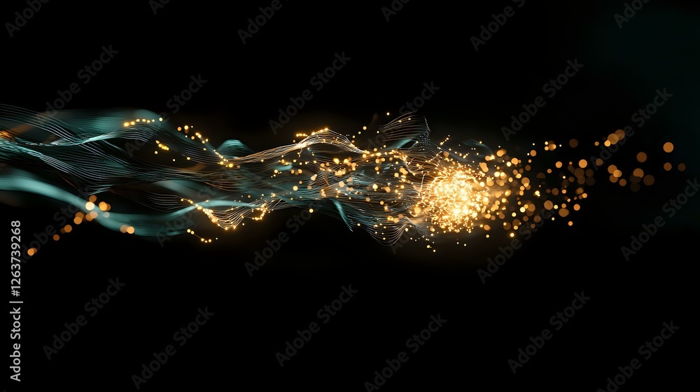 Poster glowing golden particles and turquoise light waves flow through dark space creating magical energy e