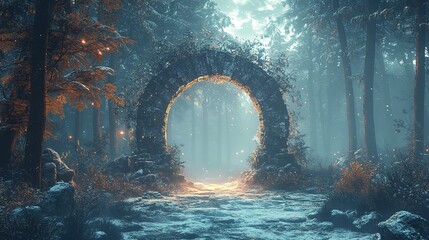 Fototapeta premium Mysterious portal discovery enchanted forest digital artwork ethereal atmosphere surreal viewpoint fantasy concept