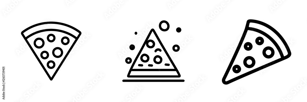 Poster minimalist pizza slice icons displaying varied design styles against transparent backdrop