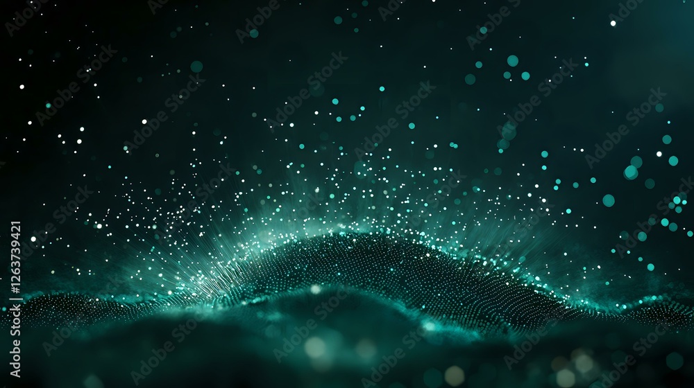Poster Glowing turquoise particles form dynamic wave pattern against dark background, creating magical atmosphere with floating bokeh lights and sparkling dust effect.