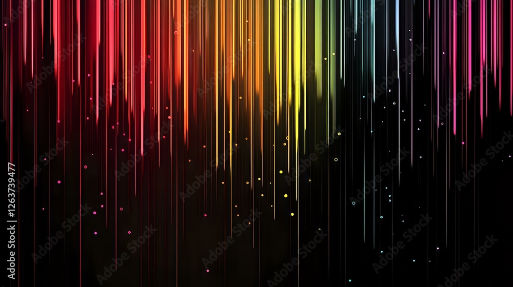 Poster vibrant rainbow colored light streaks falling from top against dark background with glowing particle