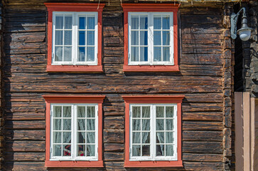 Obraz premium Architectural detail of wooden buildings in Roros, Norway