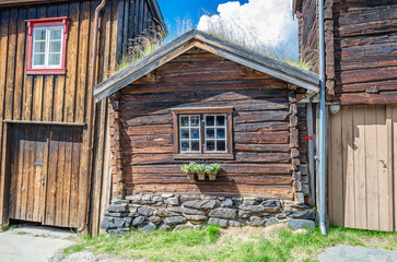 Architectural detail of wooden buildings in Roros, Norway