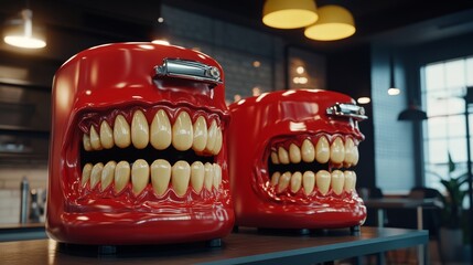 The red kitchen appliance has a mouthful of menacing sharp teeth, creating a humorous mix of reality and creativity