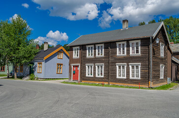 Colorful wooden houses in the mining town of Roros, Norway