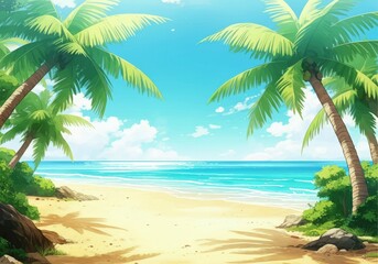 Fototapeta premium Tropical beach scene with palm trees and clear blue ocean waves