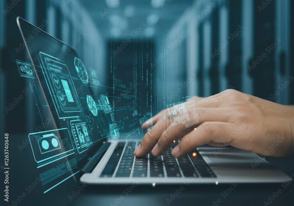 Poster hands typing on a laptop with digital data visualization in a server room