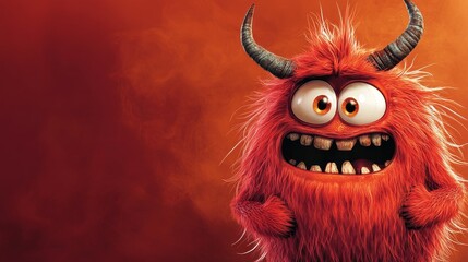 A playful red monster with large eyes, sharp teeth, and horns amidst a red background