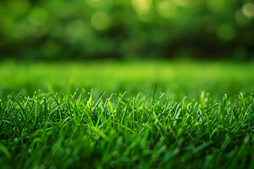 Close-up view of lush green grass blades glistening in sunlight with a blurred nature background