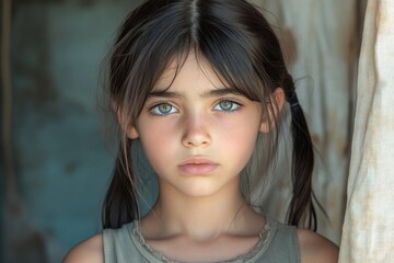 Obraz premium Young girl with striking blue eyes gazes thoughtfully from a rustic doorway in late afternoon light