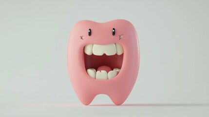 Obraz premium The scene presents a 3D cartoon of a tooth with a large cavity grimacing in discomfort, set against a plain white background