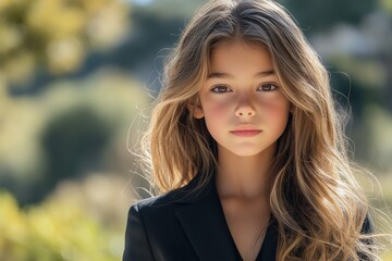 Obraz premium Young girl with long hair poses elegantly outdoors in natural sunlight during a serene afternoon