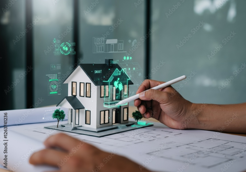 Poster smart home design concept with augmented reality technology and blueprints
