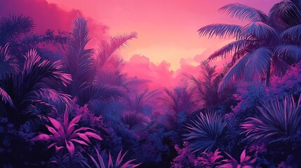 Obraz premium Vibrant sunset over tropical jungle lush landscape nature photography serene environment panoramic view tranquility