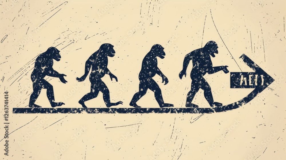 Poster a bold and grunge-inspired design depicting human evolution with a directional arrow, symbolizing pr