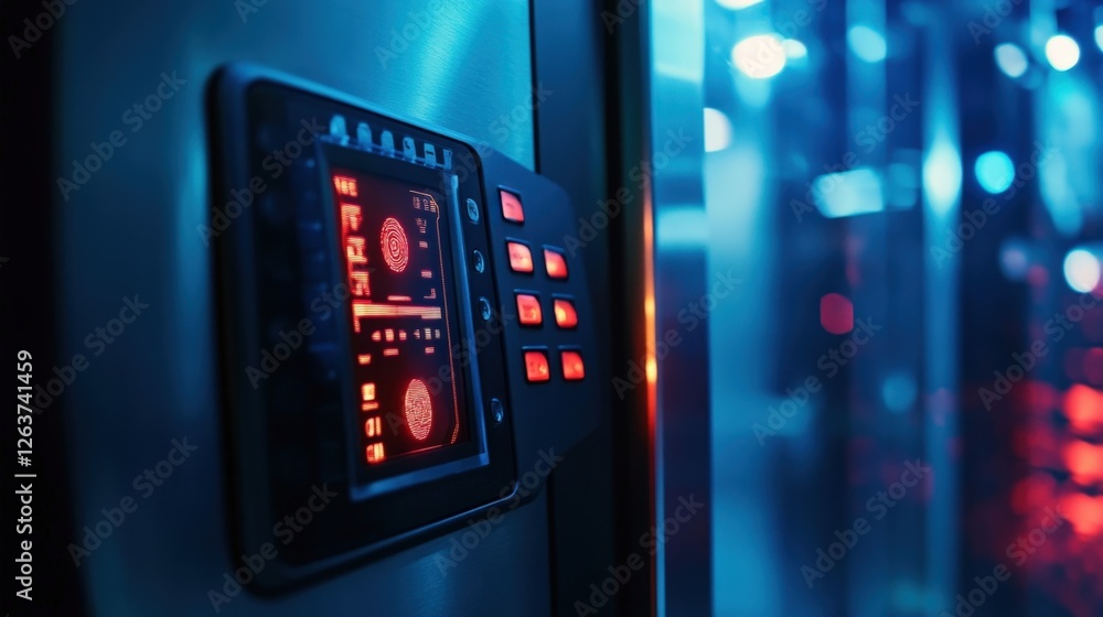 Poster a closeup of a biometric access control panel positioned at an ics entry point featuring a fingerpri