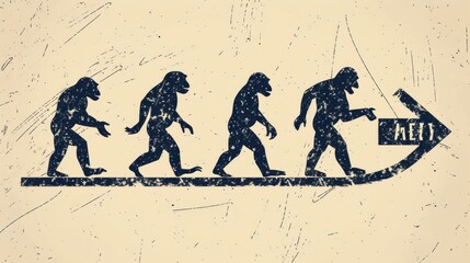 A bold and grunge-inspired design depicting human evolution with a directional arrow, symbolizing progression and development in an abstract format. AI generated.