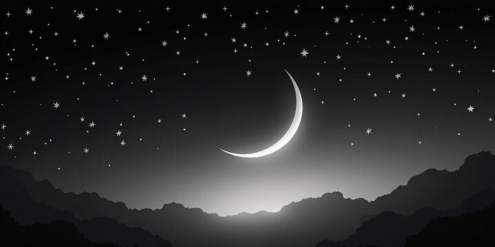 Ramadan Design Assets, helal, Starry Sky and Crescent Moon, black and white, high quality, 4K, with an empty area to add your text
starry sky, crescent moon, night sky, celestial, astronomy, space, 

