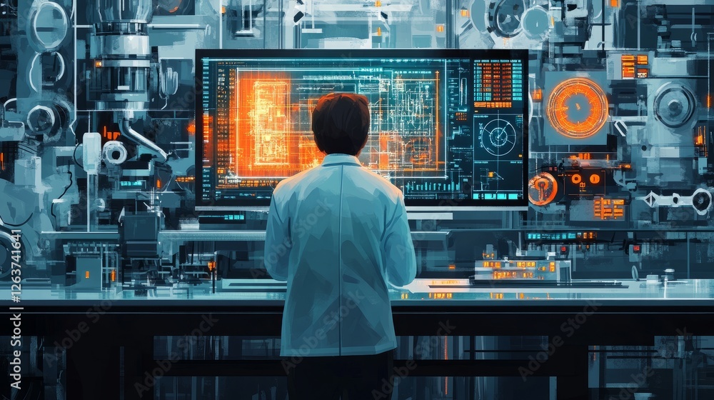Aufkleber scientist viewing futuristic tech interface, surrounded by complex machinery.