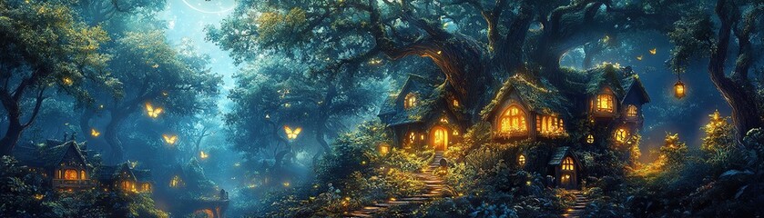 Enchanting night scene of fairy houses enchanted forest digital art magical atmosphere mystical landscape