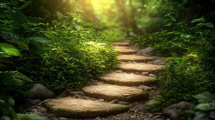 Fototapeta premium Sunlit stone path winding through lush jungle; mystical background; ideal for fantasy or nature themes