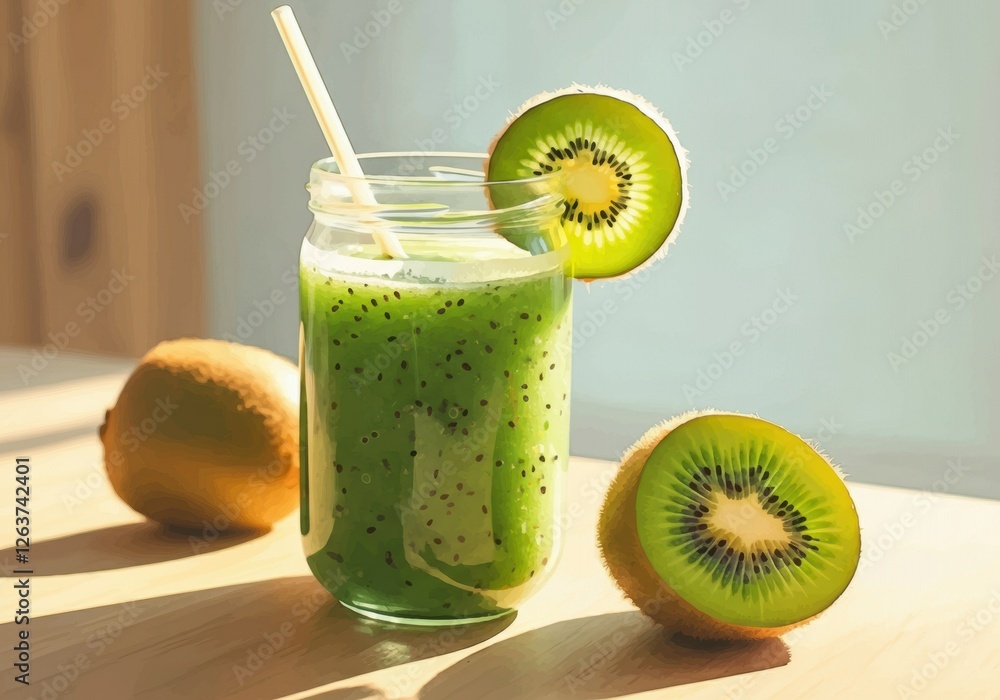 Poster refreshing kiwi smoothie in a jar with fresh kiwi slices beside it