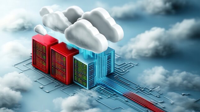 a infographic that represents the transfer of a server from one data center to another to support real world operations  cloud computing