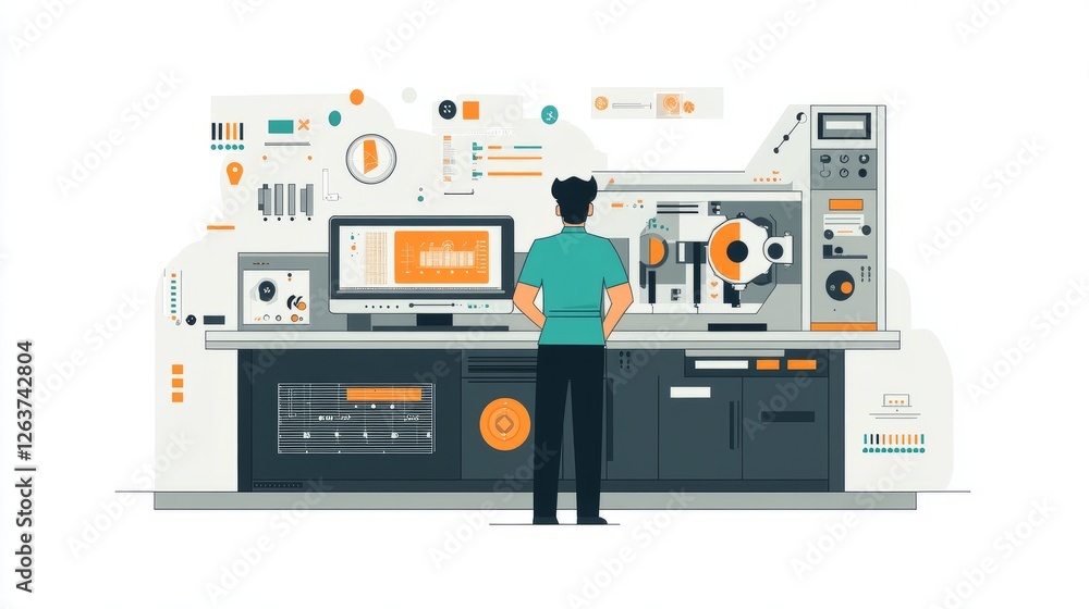 Poster man operating industrial machinery with a computer interface.