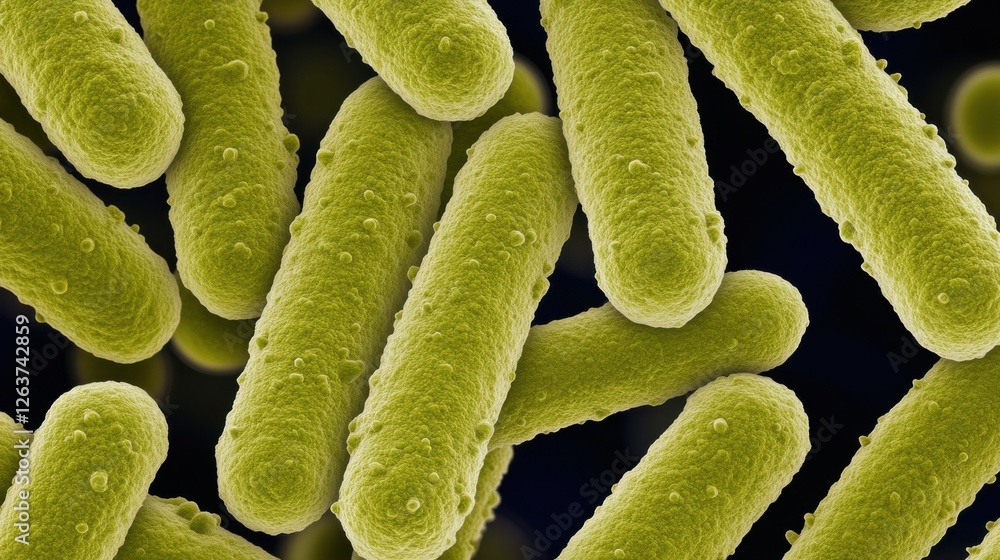 Poster close-up view of green bacteria under a microscope in dark background
