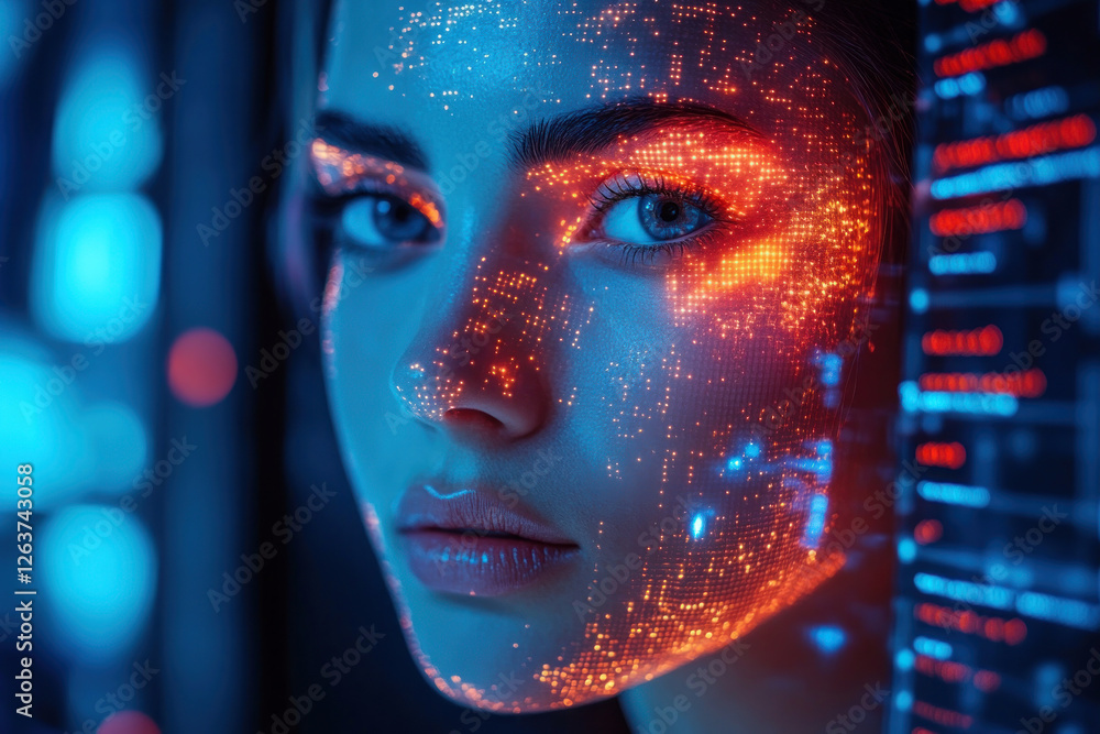 Poster a woman whose face is covered in bright dots of light, creating a digital effect reminiscent of comp