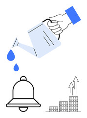 Hand watering growth with drops, bell for notifications, buildings topped with arrows for development ideas. Ideal for growth, productivity, alerts, financial success, sustainability, development
