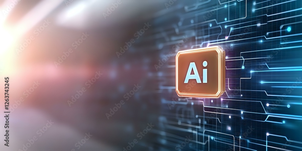 Poster glowing orange ai symbol on digital circuit background with light effects and binary data streams. m