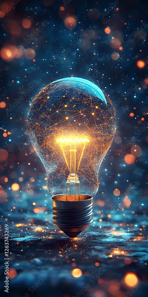 Poster glowing lightbulb with network connections and illuminated filament against dark background with bok