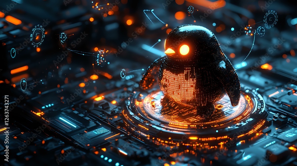 Poster digital security breach concept with glowing orange penguin hologram on circuit board surrounded by 