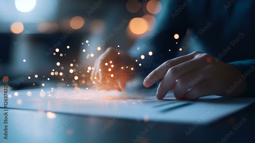Poster hand typing on laptop keyboard in dark room with magical glowing particles and bokeh lights creating